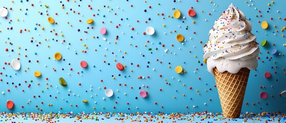 Delicious ice cream cone with colorful sprinkles