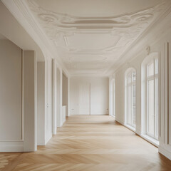 Spacious interior featuring white walls, oak parquet flooring, and elegant gypsum stucco detailing on walls and ceiling.