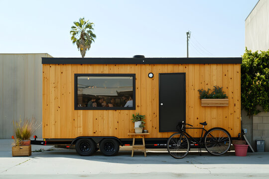 compact wooden tiny home on wheels parked near town center café with customers on patio