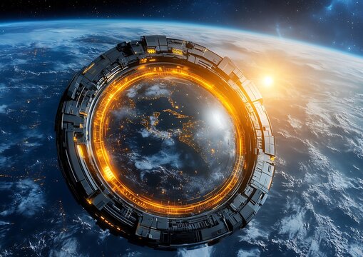 Space Station Orbiting Earth Sunrise.