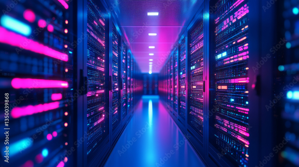 Poster data center room tunnel with neon blue and pink light glow. realistic 3d vector illustration of abst
