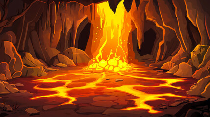 Volcano lava hell in underground rock cave view fantasy game cartoon vector background. Mysterious dangerous hot magma level adventure design. Ground crack with liquid fire under terrain surface