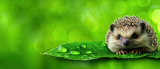 Cute hedgehog on a green leaf