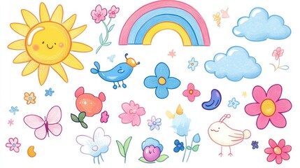 Colorful spring illustration Sun, rainbow, birds, flowers, clouds; children's book, card