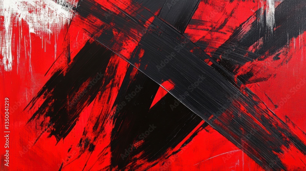 Aufkleber abstract red and black paint strokes on canvas.