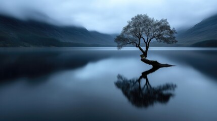 Lonely tree reflects on tranquil lake. Misty mountains in the background