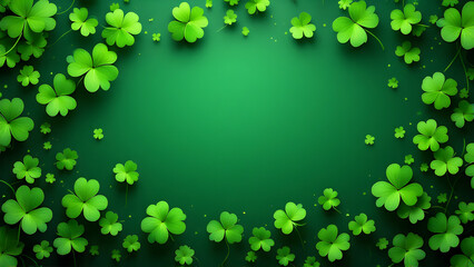 Frame of St Patrick's Day shamrocks on green background, luck and tradition