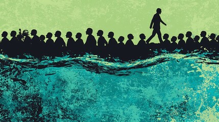 Faceless crowd moving in one direction while a single person walks the other way symbolizing independent thinking