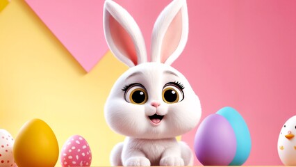 Fototapeta premium A white rabbit sitting on top of a wooden table next to colorful eggs.
