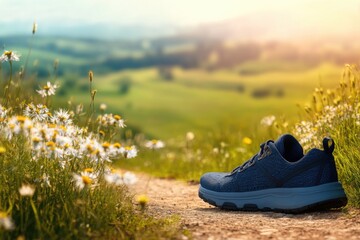 Shoe resting on pathway surrounded by lush greenery and blooming