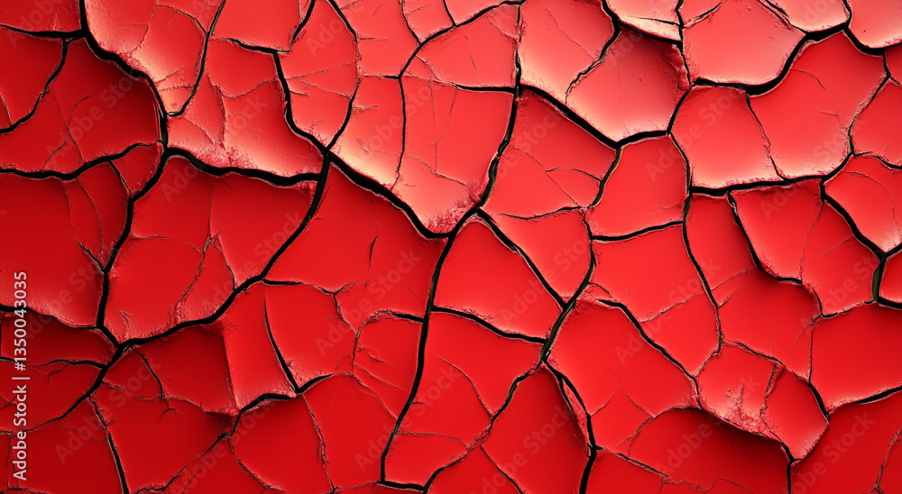 Poster close up view of a red cracked surface with dark lines forming irregular shapes across the image