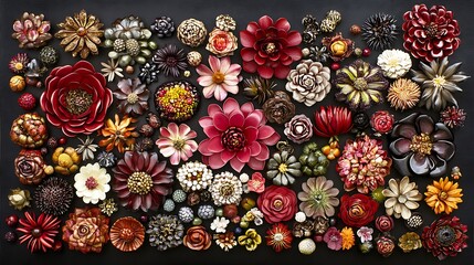 Autumnal floral arrangement of handcrafted flowers and pine cones on dark background.