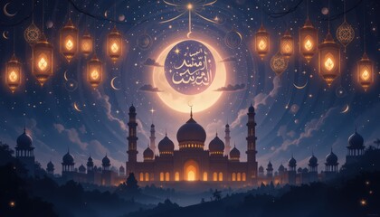 Mystical Night Mosque Under a Full Moon, Ramadan