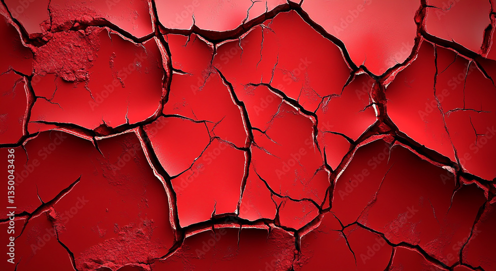 Poster close up view of a cracked red surface with dark lines creating a fractured appearance texture
