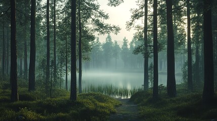 Misty autumn morning forest lake sunrise reflected in water.