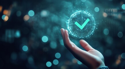 Digital Approval Interface Displayed on a Holographic Screen in a Futuristic Environment