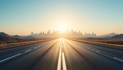 Stunning Road Leading to a City Skyline at Sunset - Perfect for Travel and Adventure Themes