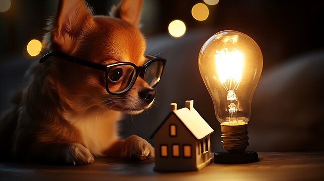 Cute dog with glasses, tiny house, and lightbulb