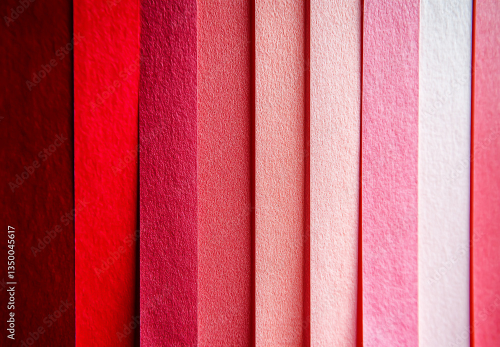 Poster a close up of textured paper strips in shades of red pink and white arranged vertically in a row