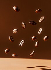 Fototapeta premium Several roasted coffee beans are suspended against a brown backdrop