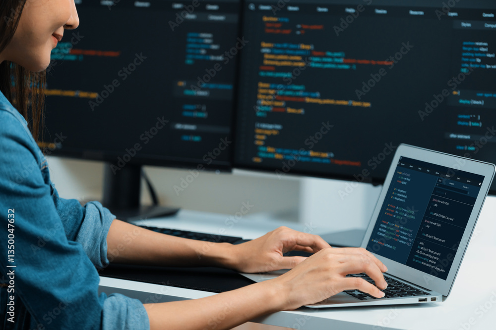 Poster smiling young asian in it developer creating with typing online information on laptop with coding pr