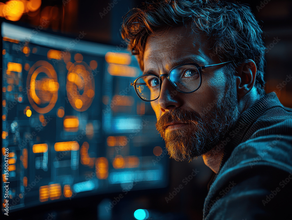 Poster cybersecurity analyst monitoring anomalies with ai tools in a high-tech control room at night