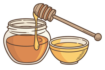 13 Honey jar, golden honey dripping, wooden honey dipper, transparent glass container, amber liquid, viscous texture, glistening surface, macro photography, white background, food photography, closeup