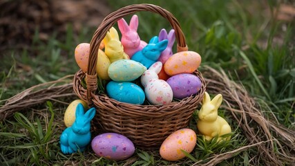 Fototapeta premium Colorful Easter basket filled with decorated eggs and bunny figures in a grassy outdoor setting during springtime