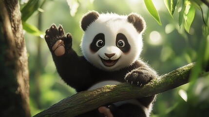 Obraz premium Cute panda cub waving in a lush forest