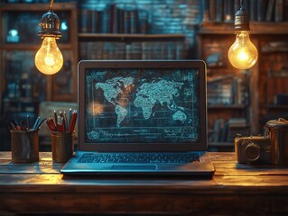 Vintage Study: Laptop with World Map, Antique Camera, and Warm Lighting Creating a Nostalgic Ambience for Travel Planning and Creative Work