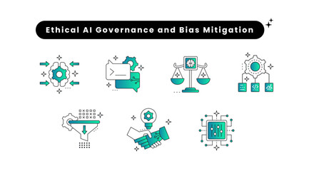 Ethical AI Governance and Bias Mitigation. Ethical AI Governance Icon, Hallucination Mitigation Icon, Fine-Tuning Icon, AI Model Training Icon, Ethical AI.