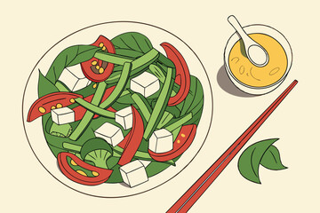 14 Colorful stir-fry dish, crispy tofu cubes, vibrant green vegetables, red bell peppers, snow peas, broccoli florets, bok choy leaves, white ceramic plate, overhead view, restaurant-quality presentat