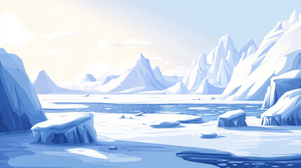Nordic sea landscape with iceberg and glacier. Vector cartoon illustration of arctic scenery, blue ice rocks, white snow, cold ocean water and frozen sky, arctic nature background, north pole backdrop
