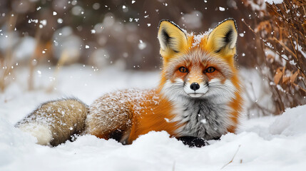 Fototapeta premium Wildlife banner with cute red fox on white snow in winter. Vector landing page of wild life concept with cartoon illustration of snow field landscape with beautiful animal with fluffy tail