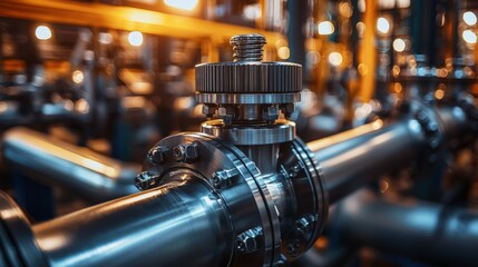 Fototapeta premium Industrial Valve and Pipe Close-Up in Modern Factory Environment