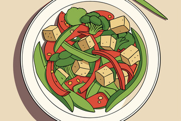 14 Colorful stir-fry dish, crispy tofu cubes, vibrant green vegetables, red bell peppers, snow peas, broccoli florets, bok choy leaves, white ceramic plate, overhead view, restaurant-quality presentat