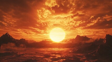 Vibrant Sunset Over Rugged Mountains with Dramatic Sky Effects