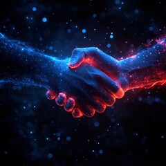 Two hands shake, glowing with vibrant energy