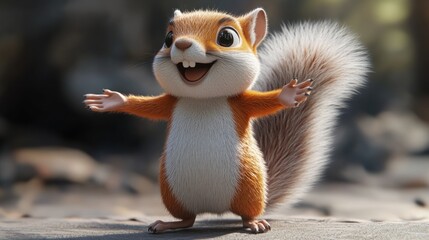 Obraz premium Cheerful cartoon squirrel outdoors, arms outstretched, forest background