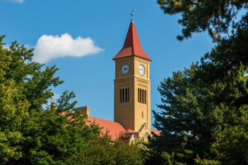 Naklejka premium Scenic Summer Landscape of Iowa State University Featuring Iconic Clock Tower Under a Blue Sky