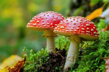 Two Vibrant Fly Agaric Mushrooms Among British Soldiers in a Sunlit Outdoors Setting
