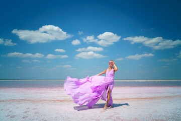 Pink Dress Woman Pink Lake Summer: Stunning photoshoot, bright clothing, scenic location.