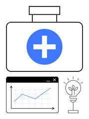 Medical kit with cross, growth chart in browser window, and lightbulb symbolizing innovation. Ideal for healthcare, business growth, technology, research, ideas strategy productivity. Flat simple