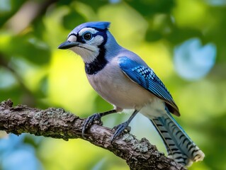 Close-Up of a Bluejay Bird Observing Its Environment on a Tree Branch with Focus on Vibrant Feathers and Distinct Beak