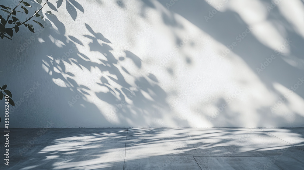 Aufkleber sun light and shadow on wall floor overlay background. grey tree leaf nature shade texture with blur