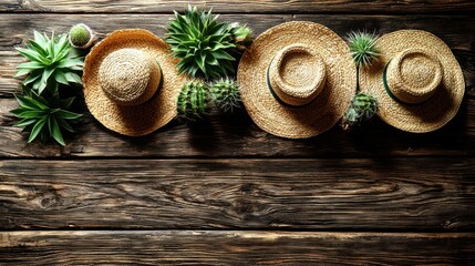 Straw hats with succulents on rustic wood
