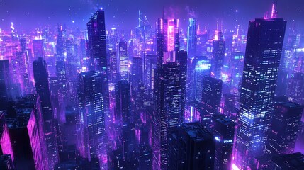 Futuristic city glows purple in nighttime urban expanse with tall buildings