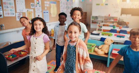 Portrait, education and youth with students in classroom for child development, future and...