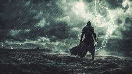 Dark Warrior Standing Against Stormy Sky with Lightning Strikes