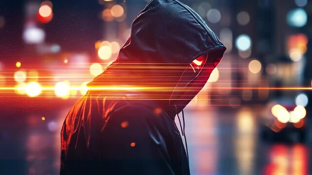 Man in hoodie walking down the street at night. Man in jacket and hood of a city. A red light glares at night. A guy in a sweatshirt strolls along the street during the nighttime lifestyle.